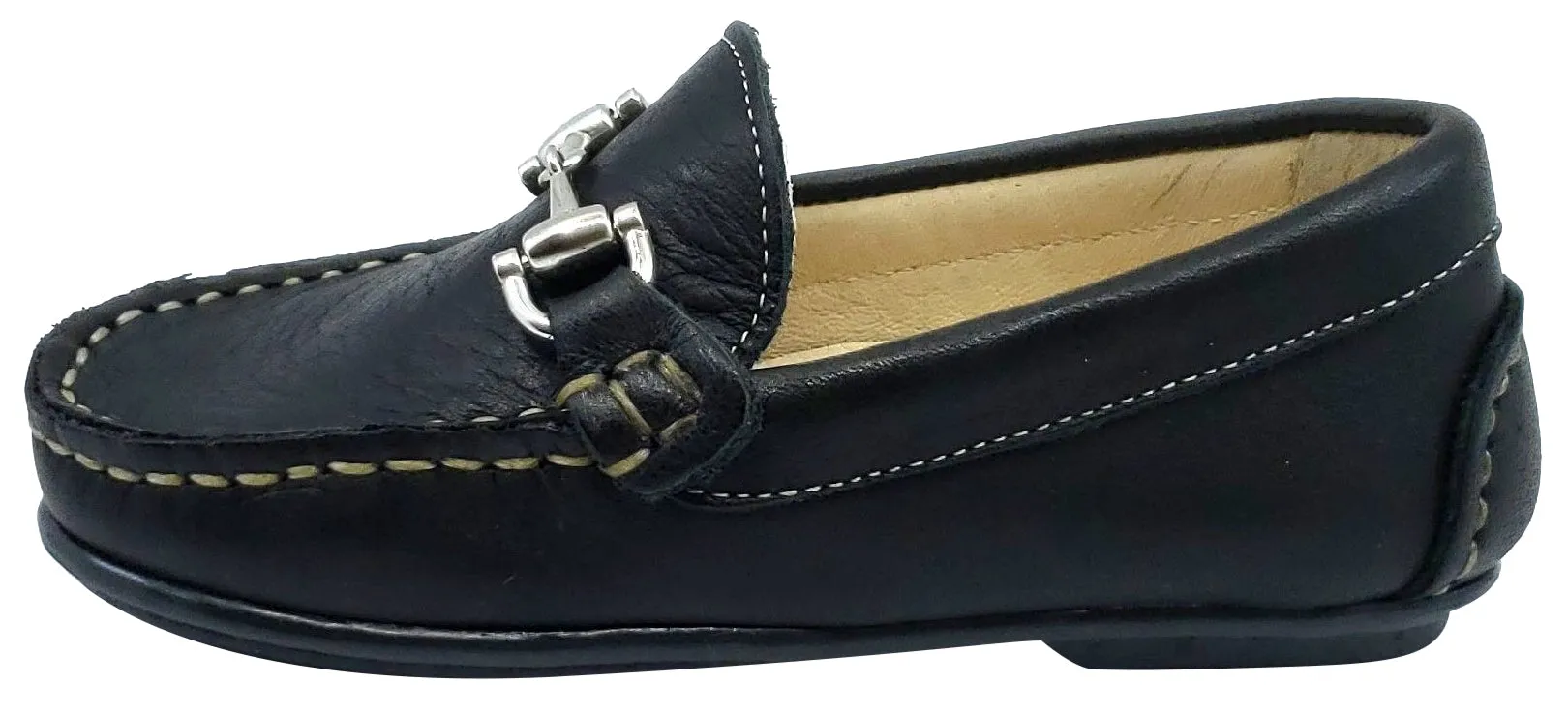 Andanines Boy's Chain Loafers, Black Leather and Black Outsole