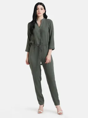 Front Overlap Jumpsuit With Waist Tie-Up