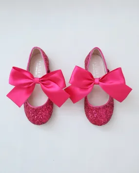 Fuchsia Rock Glitter Mary Jane Ballet Flats with Satin Bow