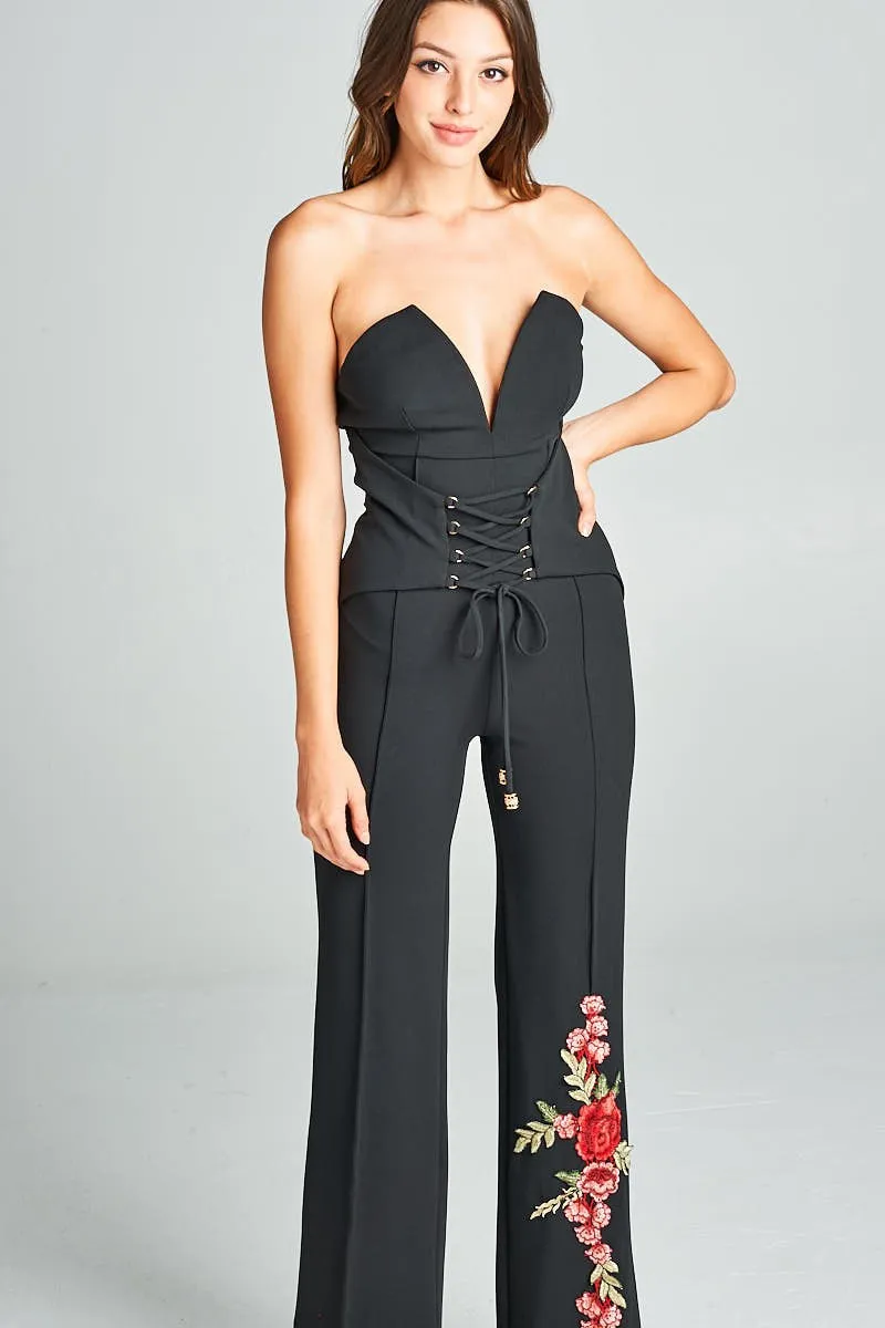 Heart Shape Tube Top Jumpsuit With Flower Embroidery