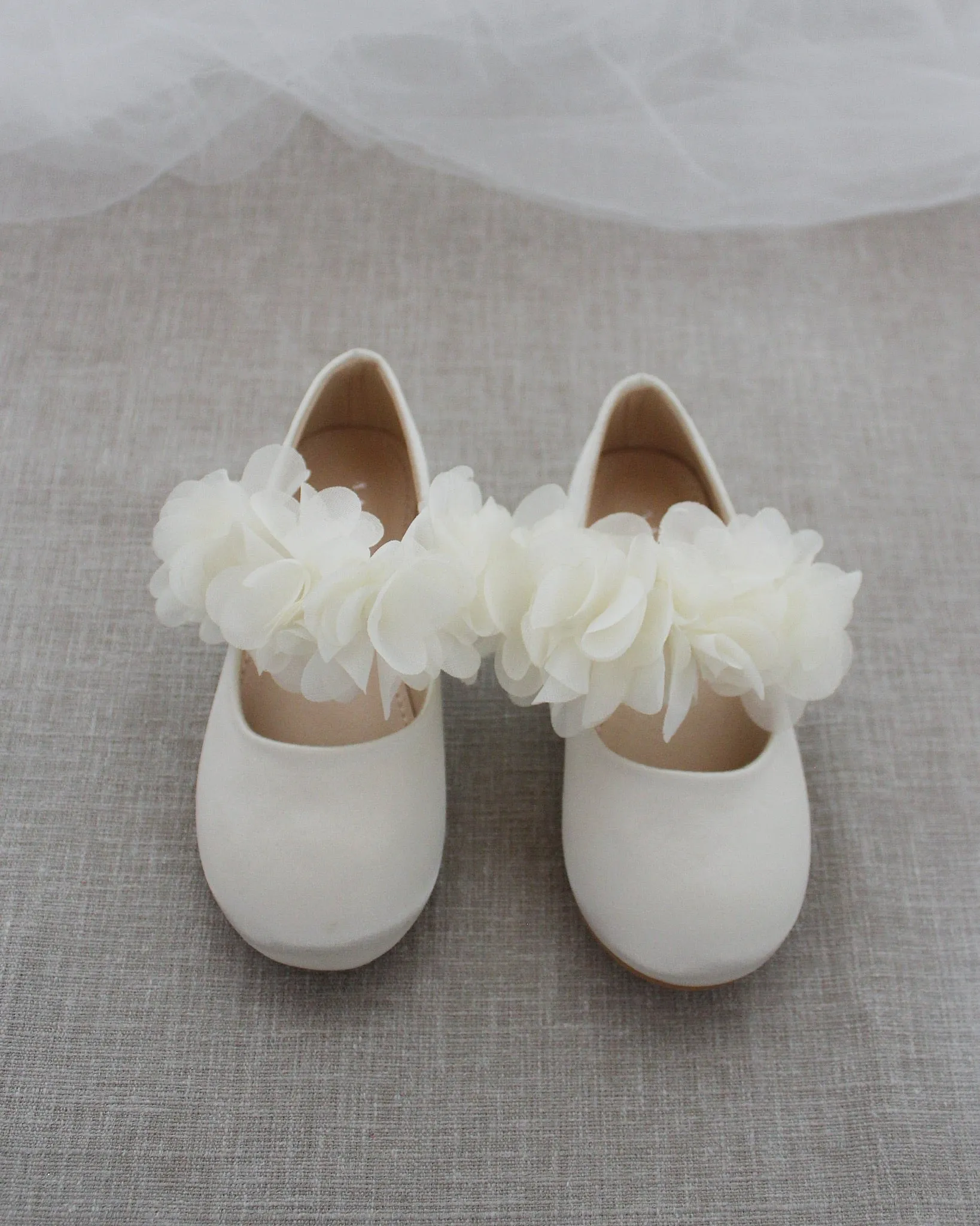 Ivory Satin Mary Jane Flats with Chiffon Flowers