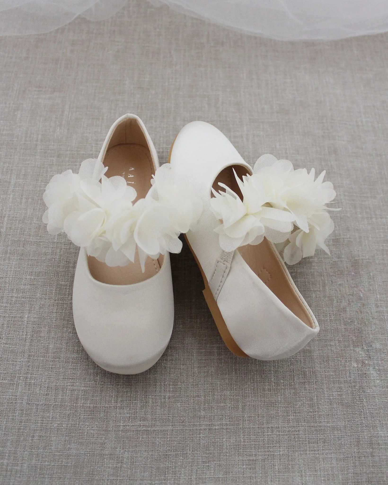 Ivory Satin Mary Jane Flats with Chiffon Flowers