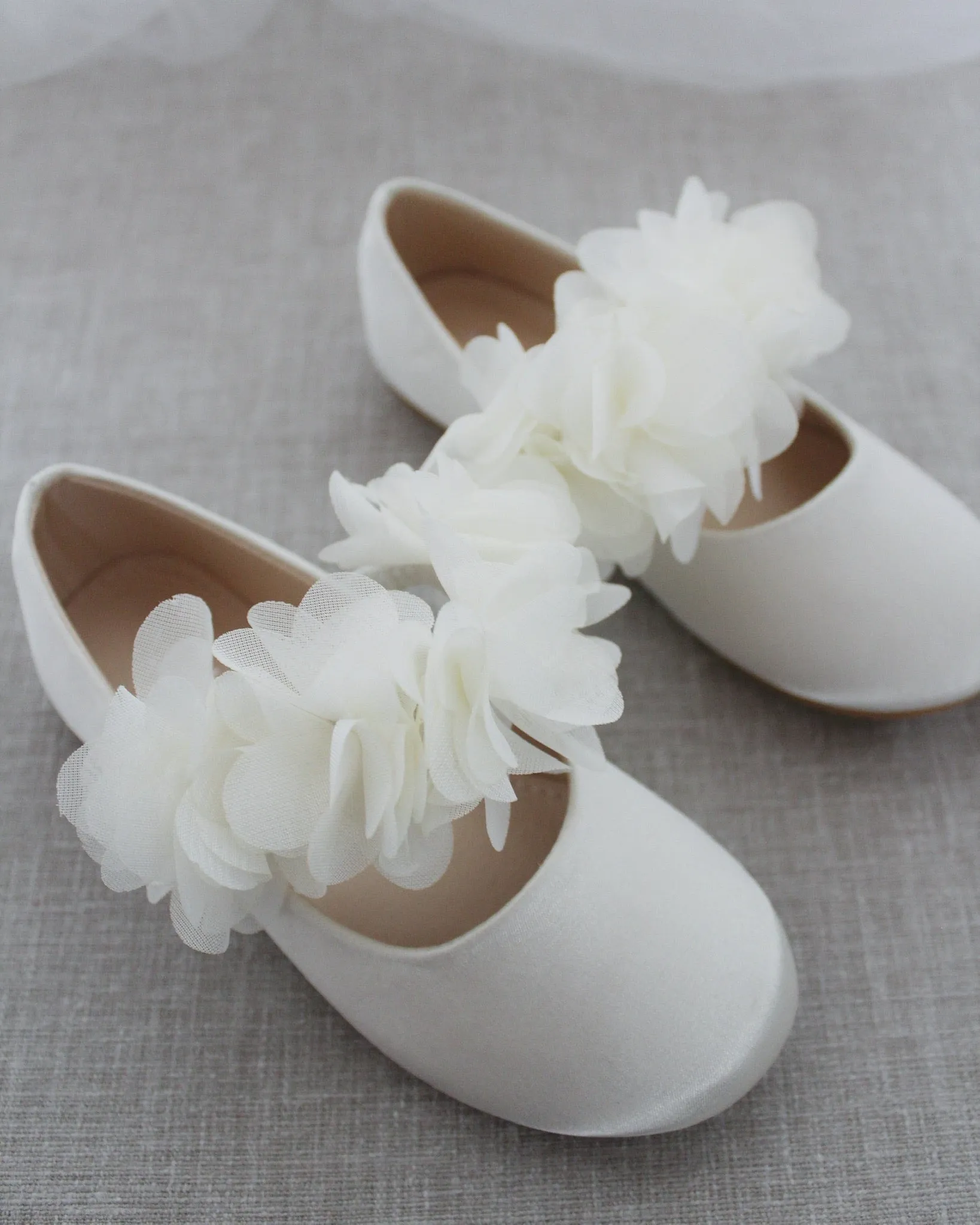 Ivory Satin Mary Jane Flats with Chiffon Flowers