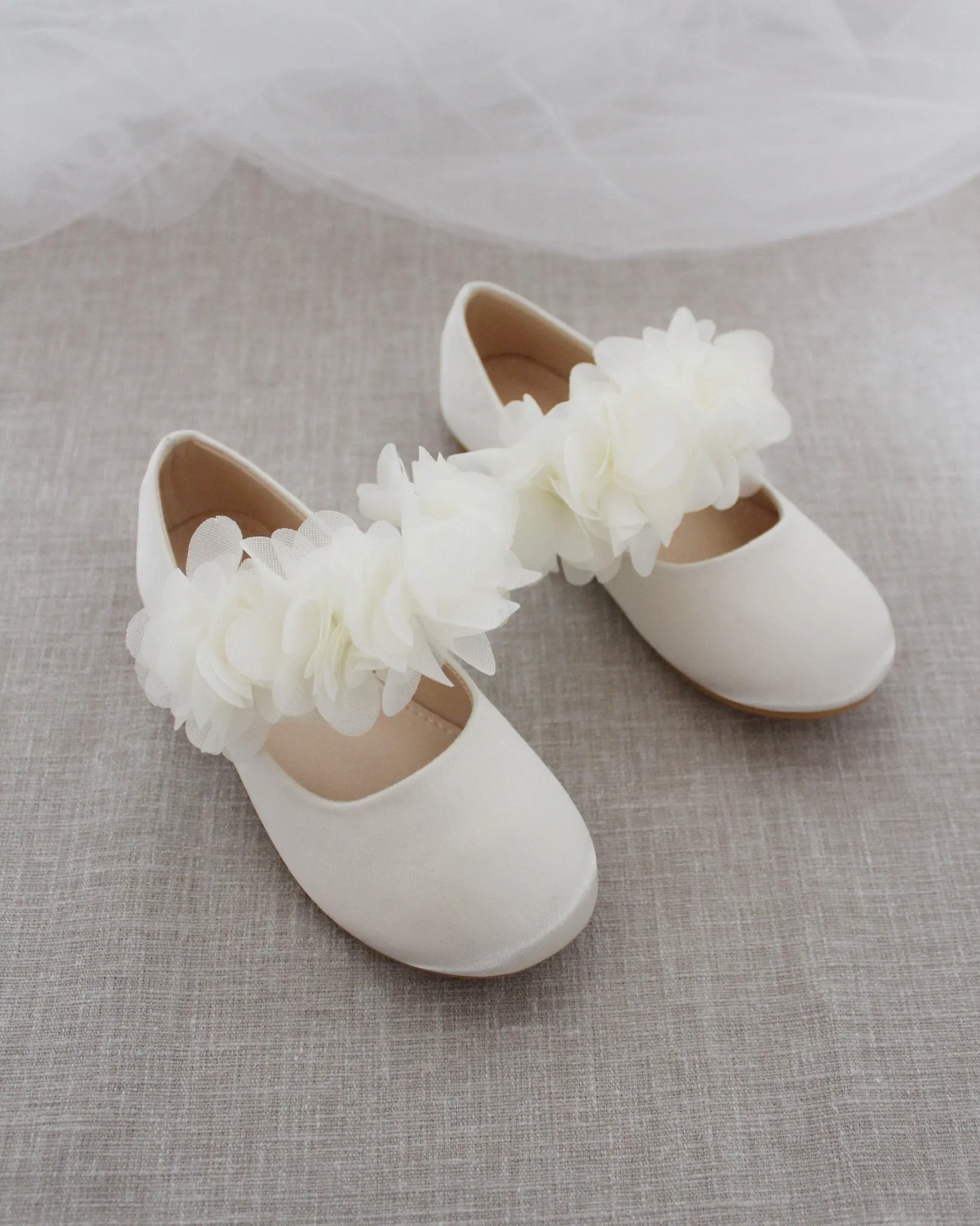 Ivory Satin Mary Jane Flats with Chiffon Flowers