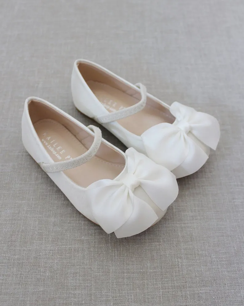 Ivory Satin Mary Jane Flats with Front Satin Bow