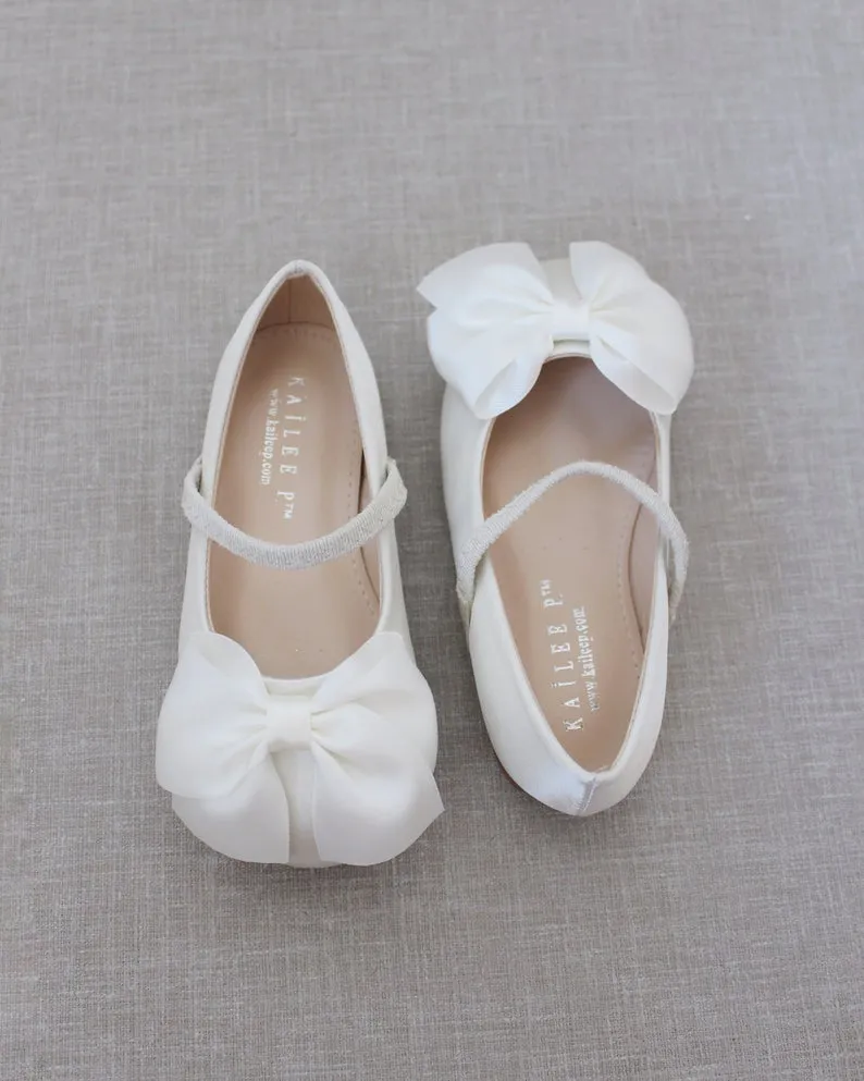 Ivory Satin Mary Jane Flats with Front Satin Bow