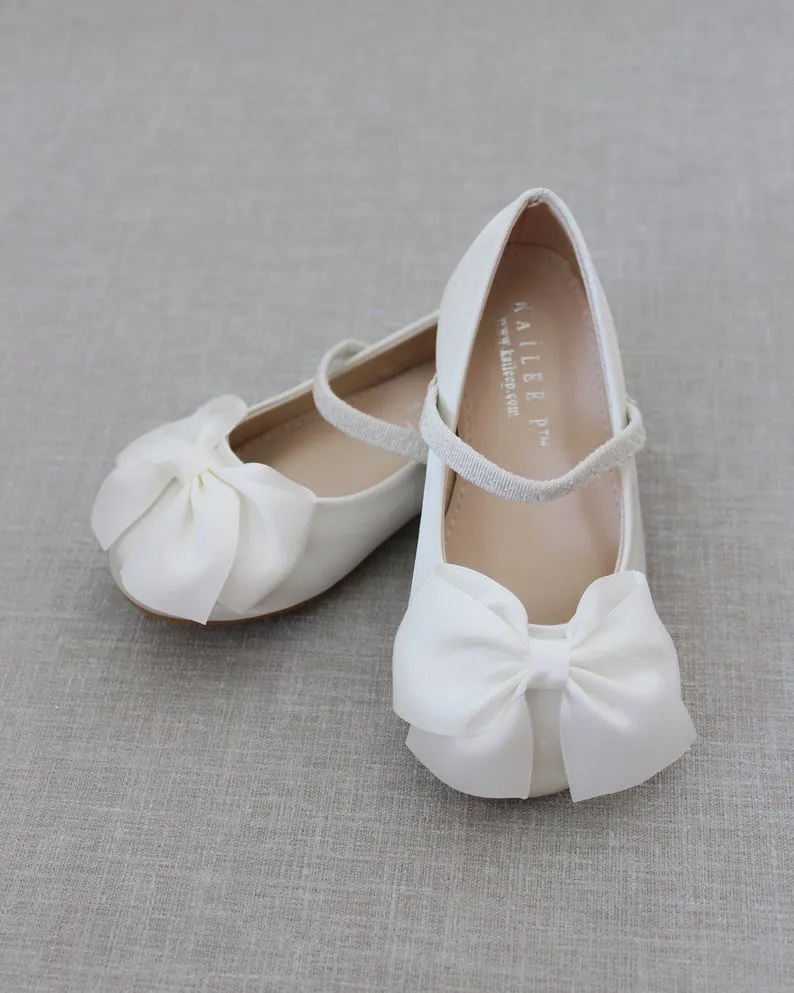 Ivory Satin Mary Jane Flats with Front Satin Bow