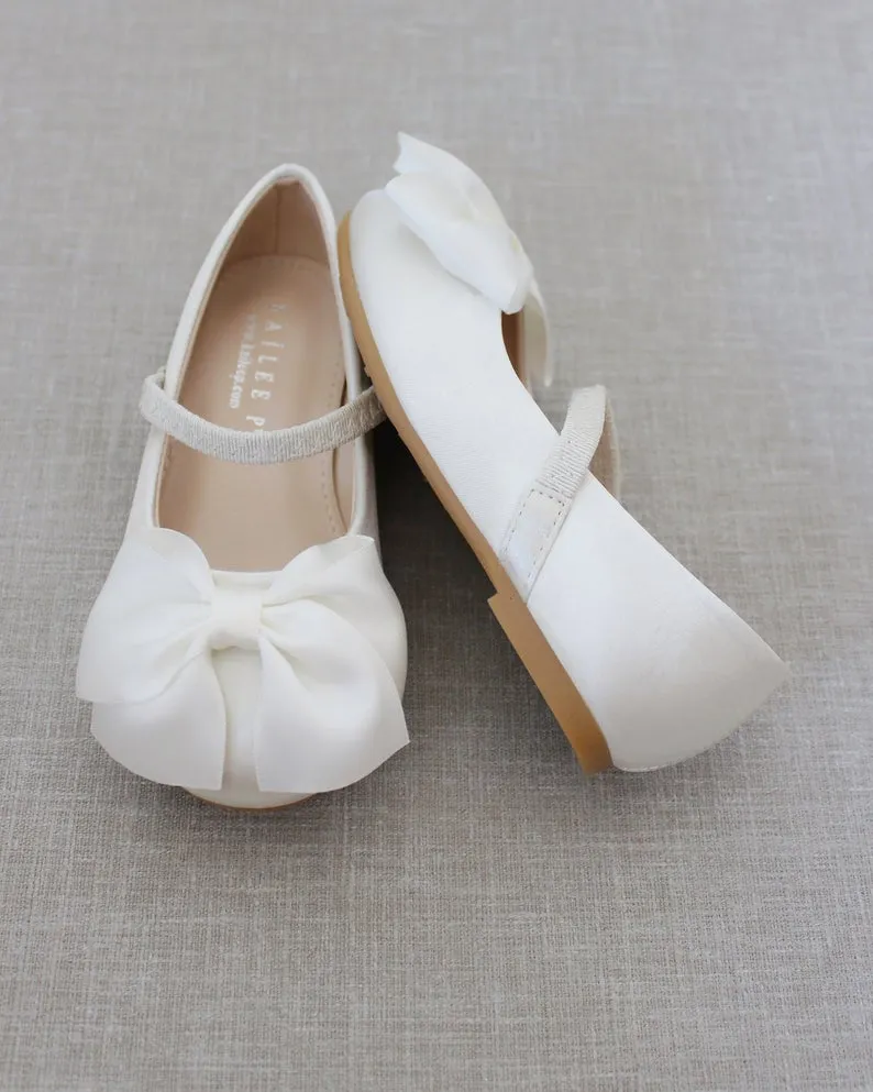 Ivory Satin Mary Jane Flats with Front Satin Bow