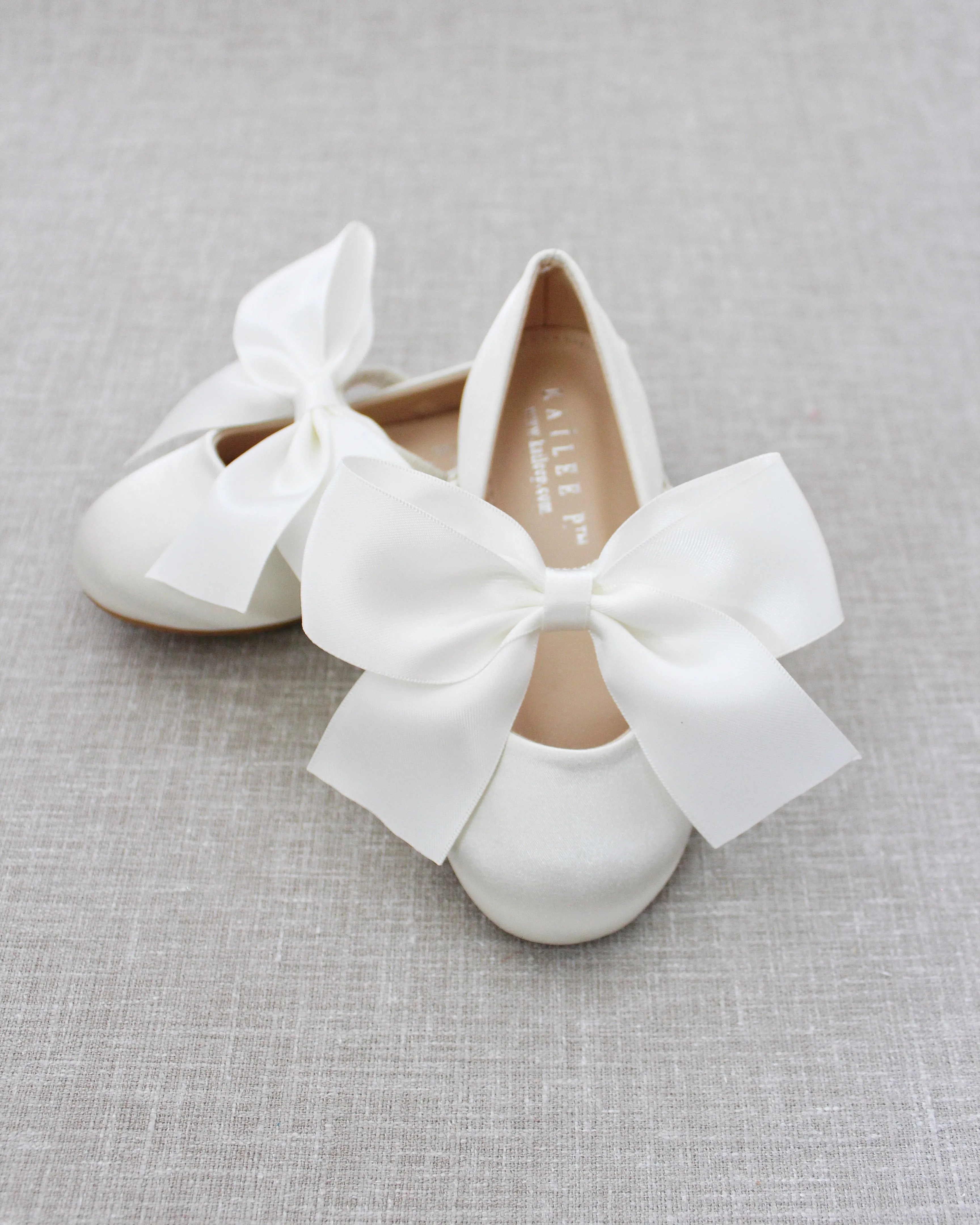 Ivory Satin Mary Jane Flats with Satin Bow