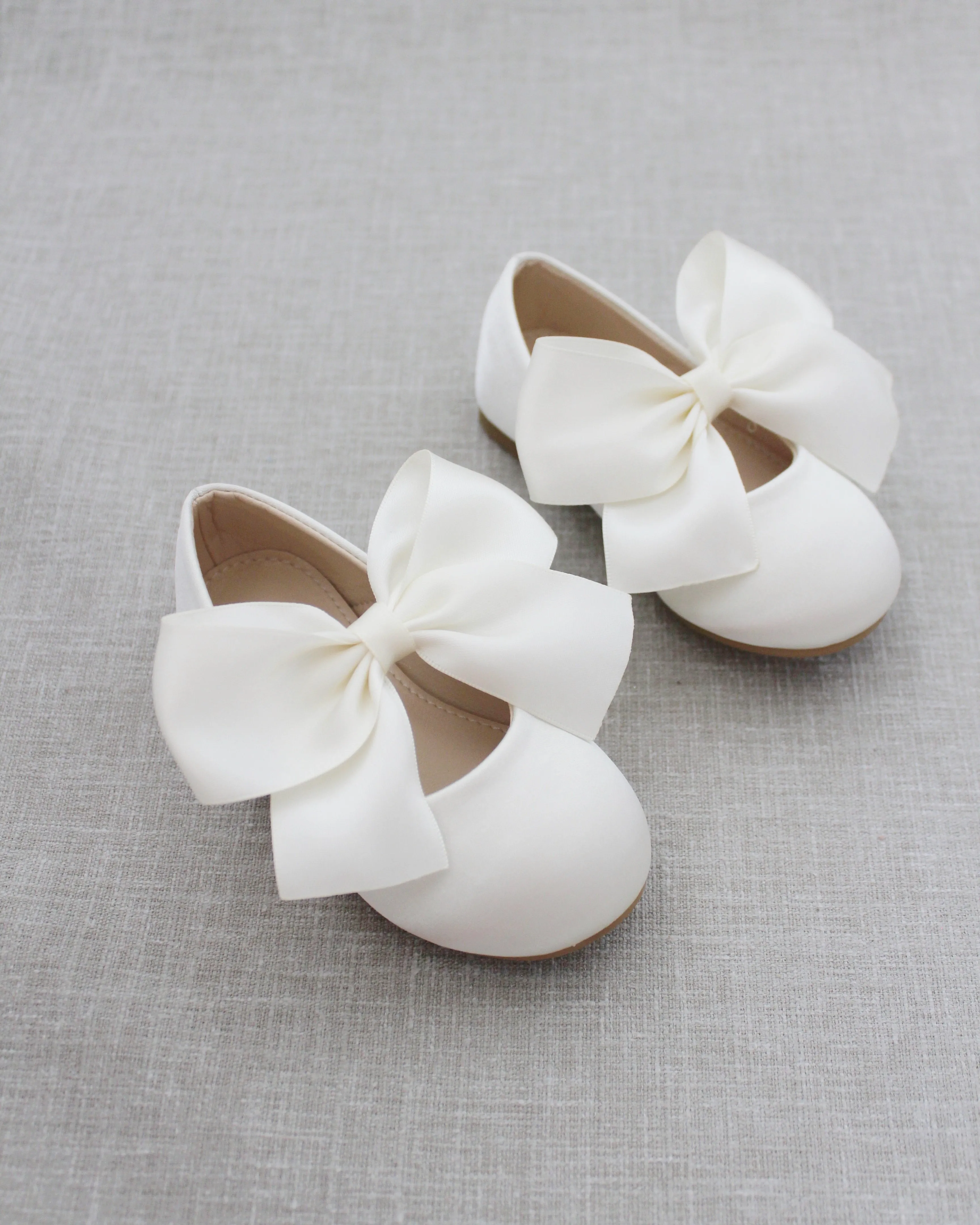 Ivory Satin Mary Jane Flats with Satin Bow