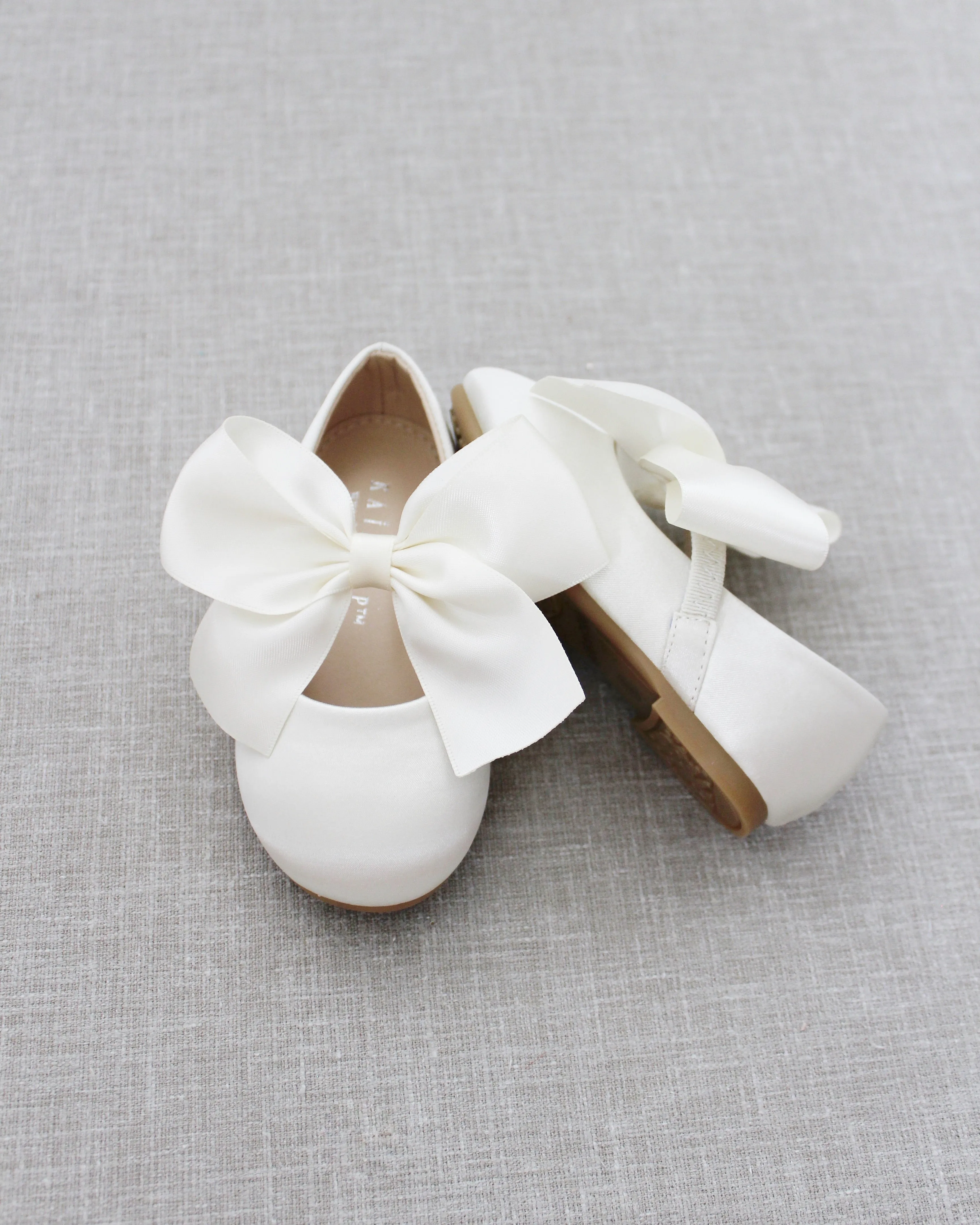 Ivory Satin Mary Jane Flats with Satin Bow