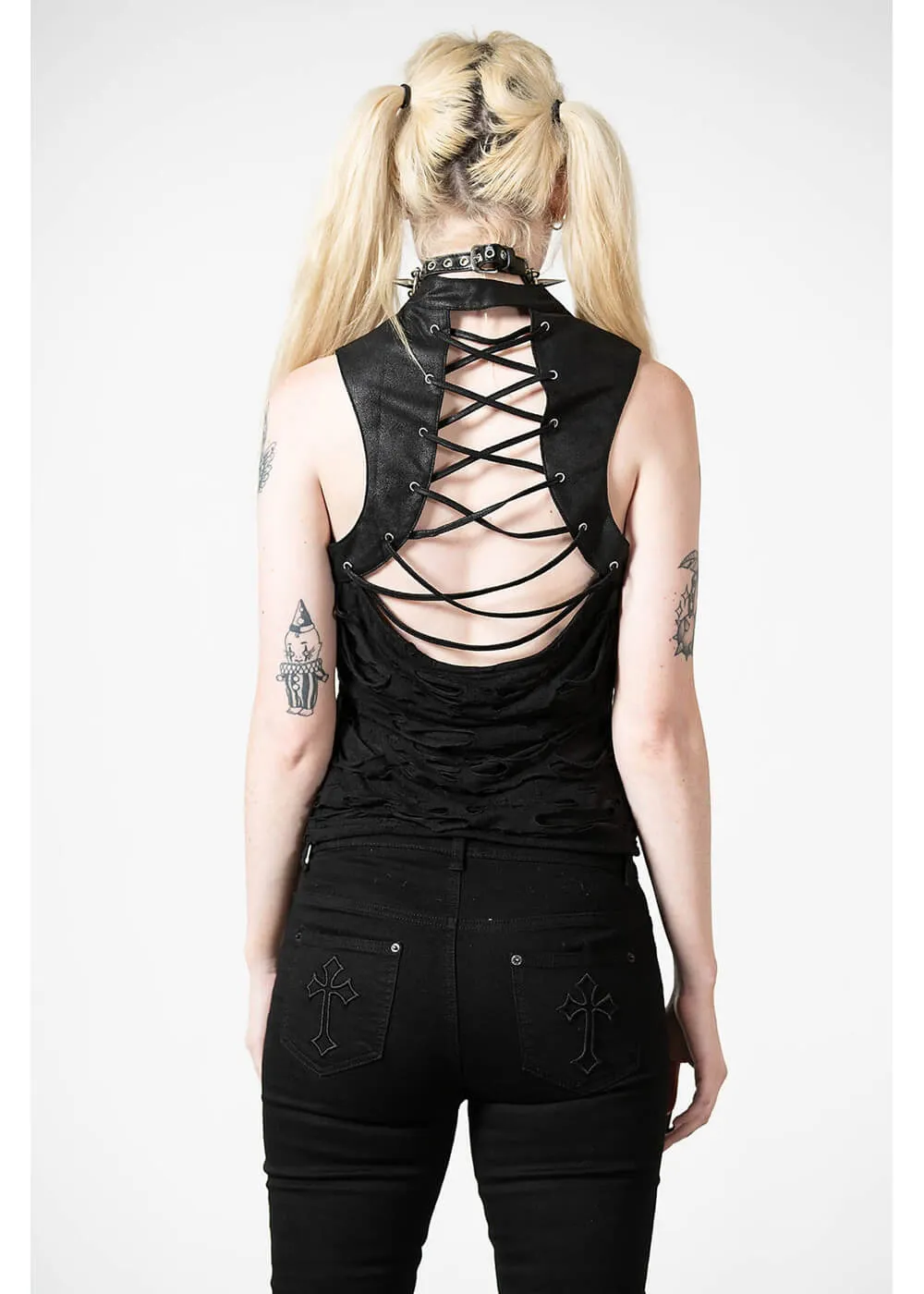 Killstar Hardy Lace-Up Vest Top Black