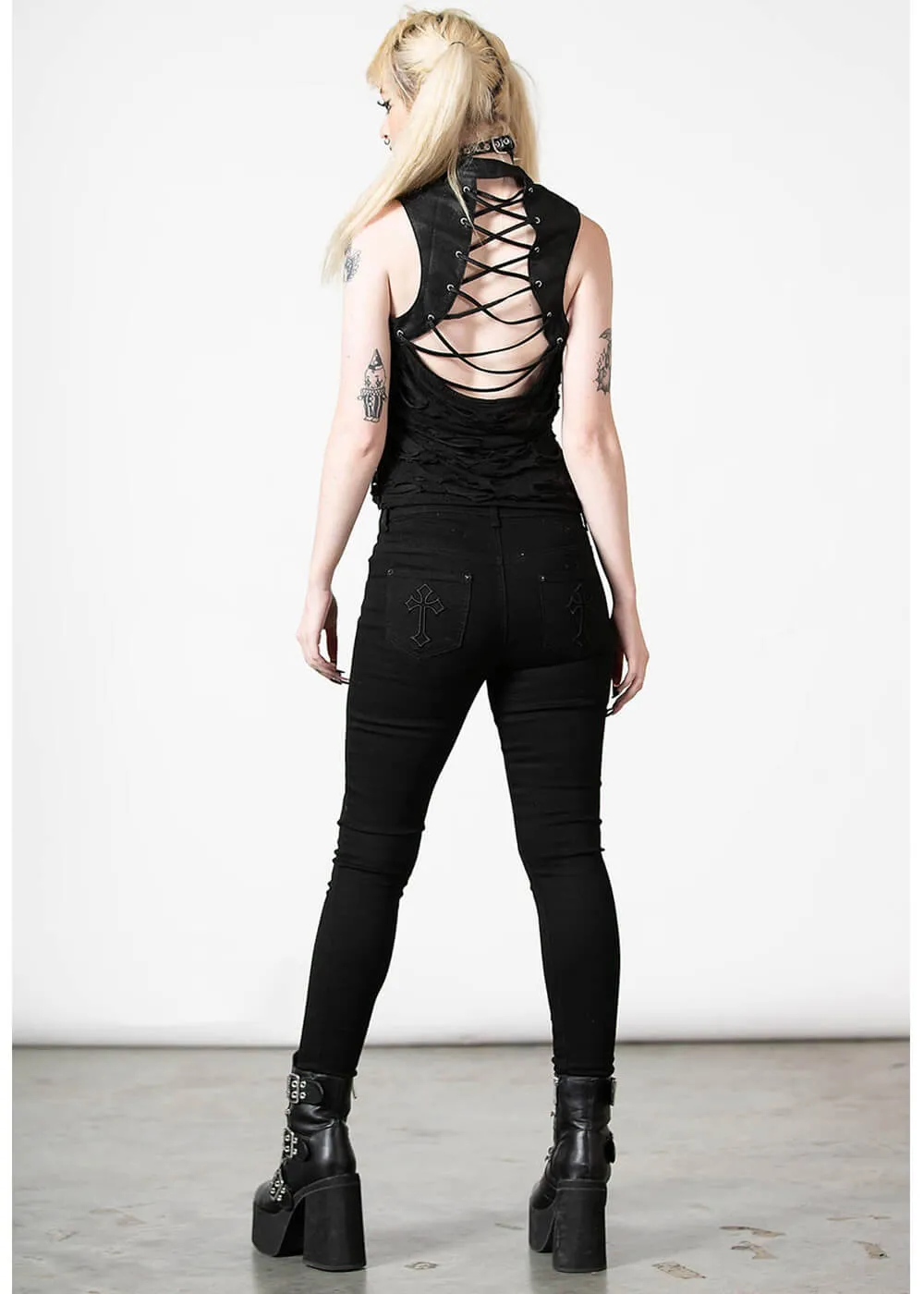 Killstar Hardy Lace-Up Vest Top Black