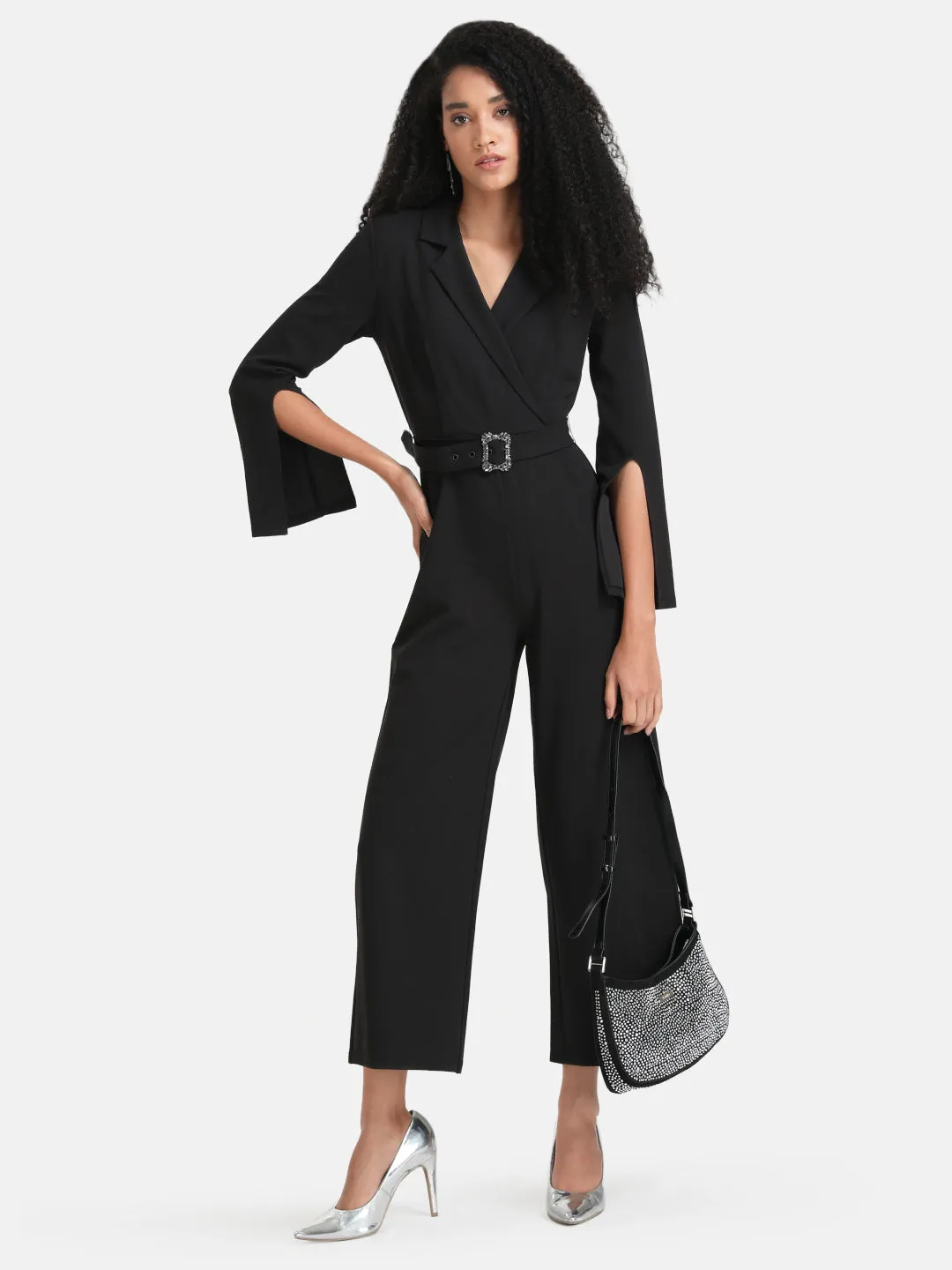 Lapel Collar Jumpsuit With Slit Sleeves And Belt