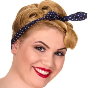 Navy And Nude Pink Polka Dot Print Vintage Headscarf