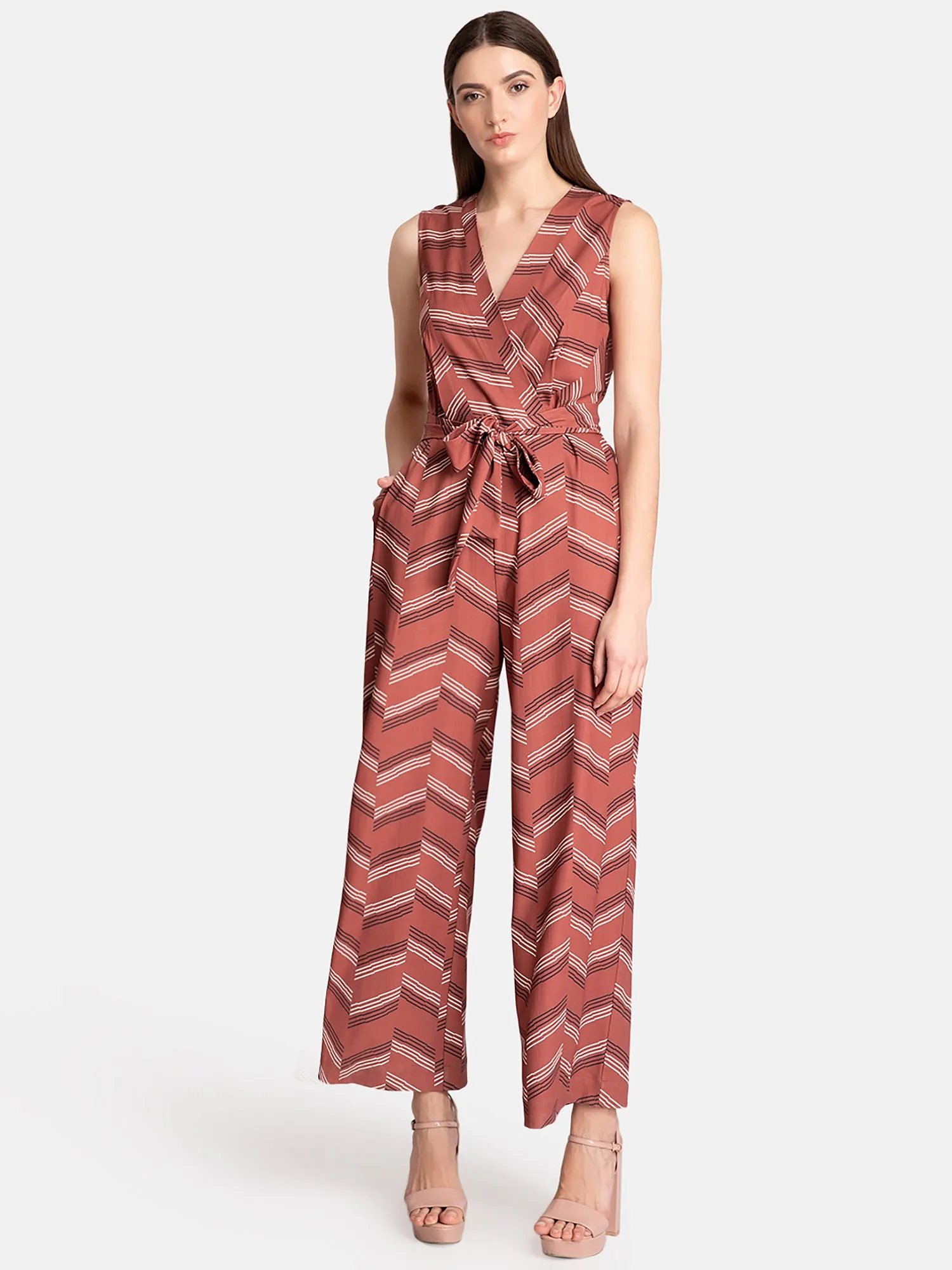 Stripe V-Neck Jumpsuit With Belt