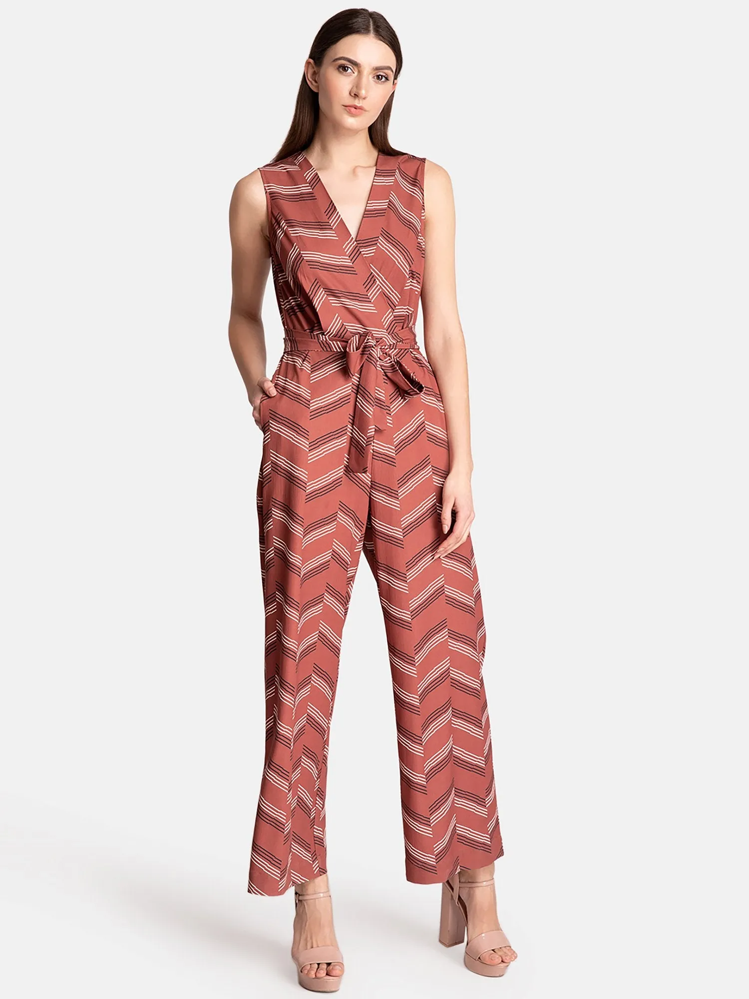 Stripe V-Neck Jumpsuit With Belt