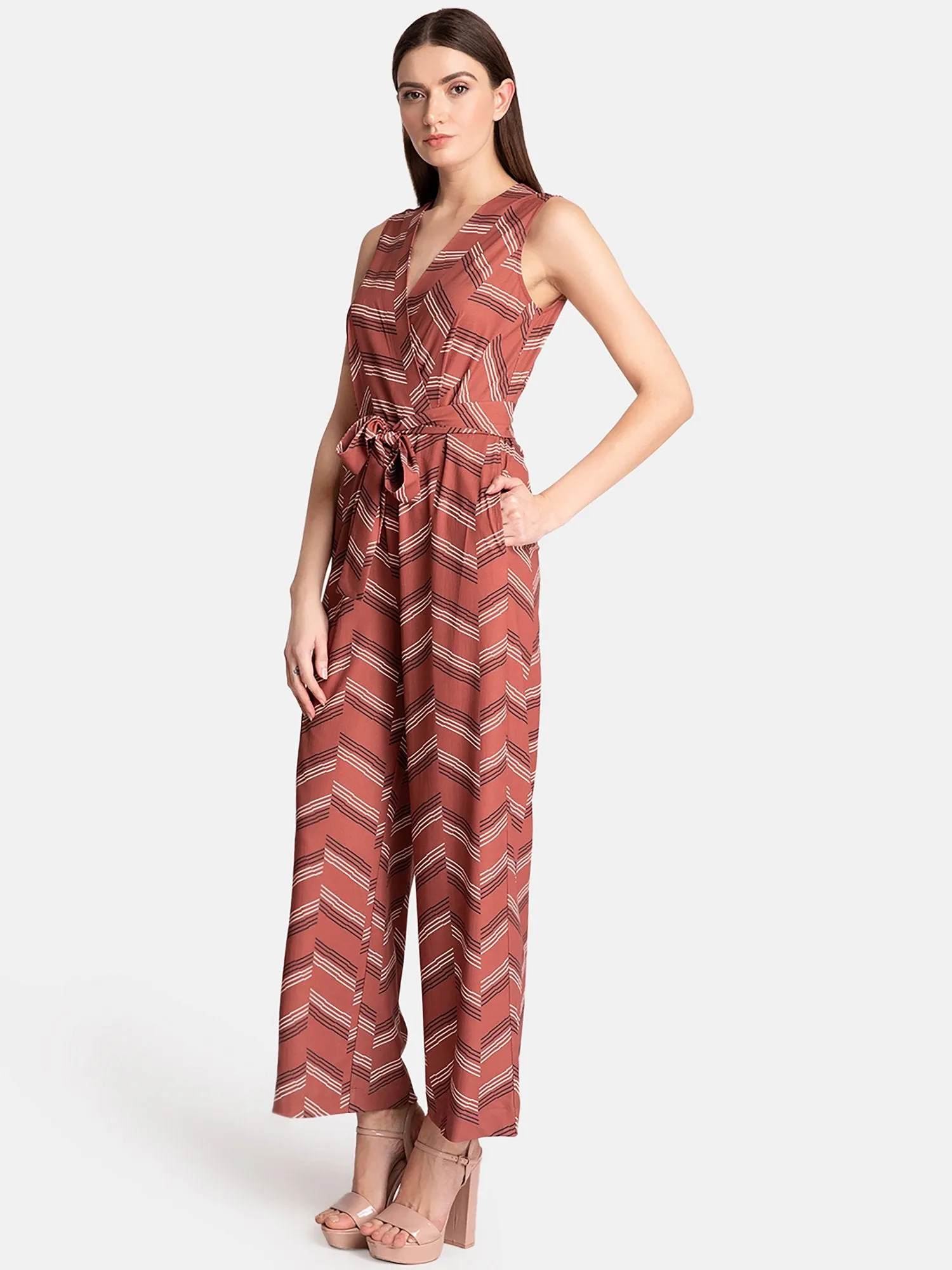 Stripe V-Neck Jumpsuit With Belt