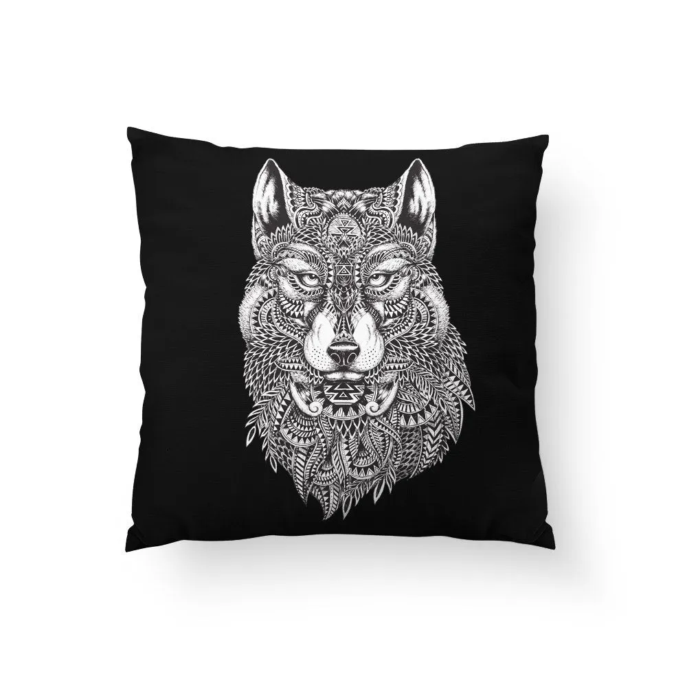 Wolf Throw Pillow, Spooky Home Decor, Halloween Theme, Native American Art, Scary Gift, Black Throw Pillow, Black White Decor, A