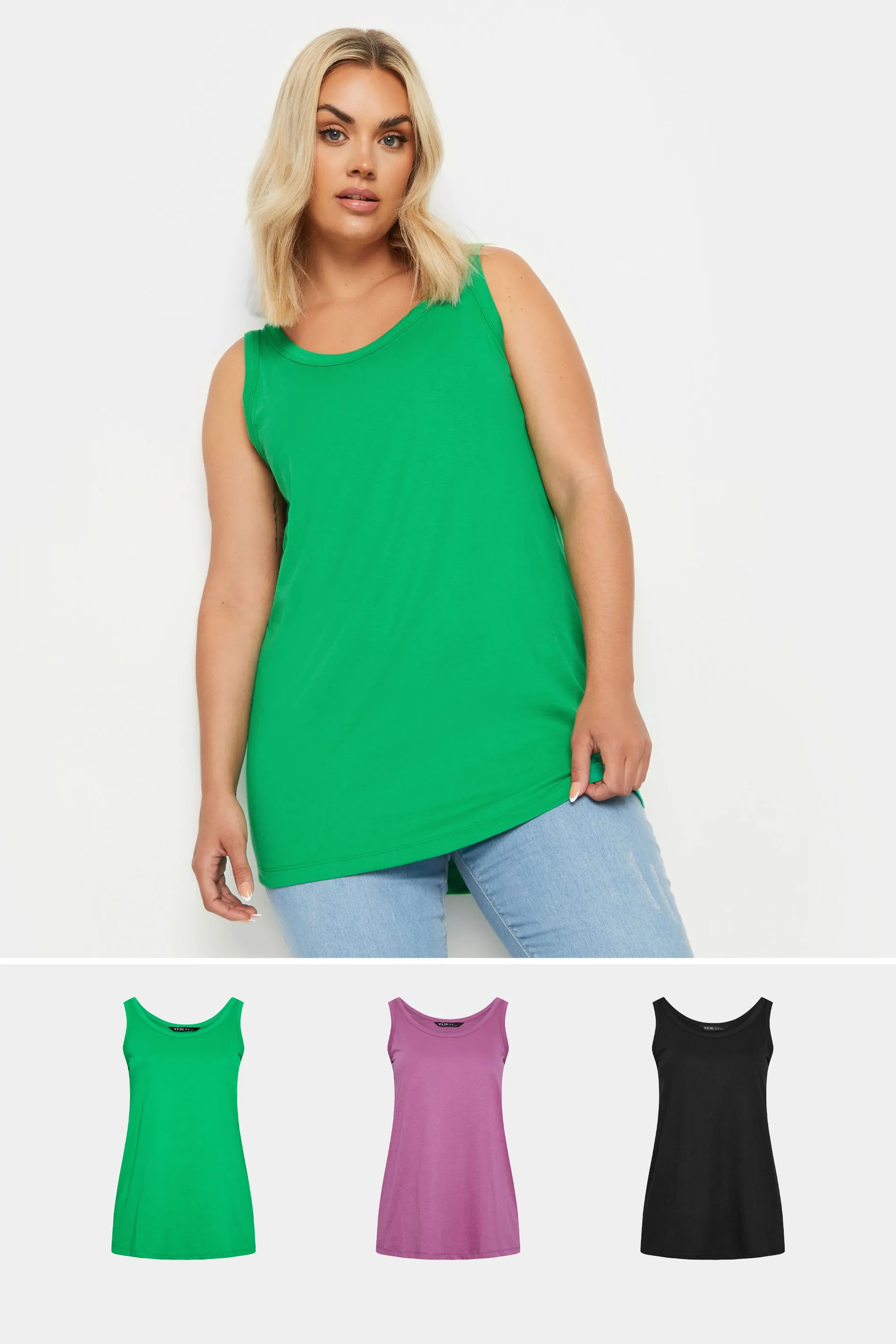 YOURS 3 PACK Curve Green & Purple Vest Tops