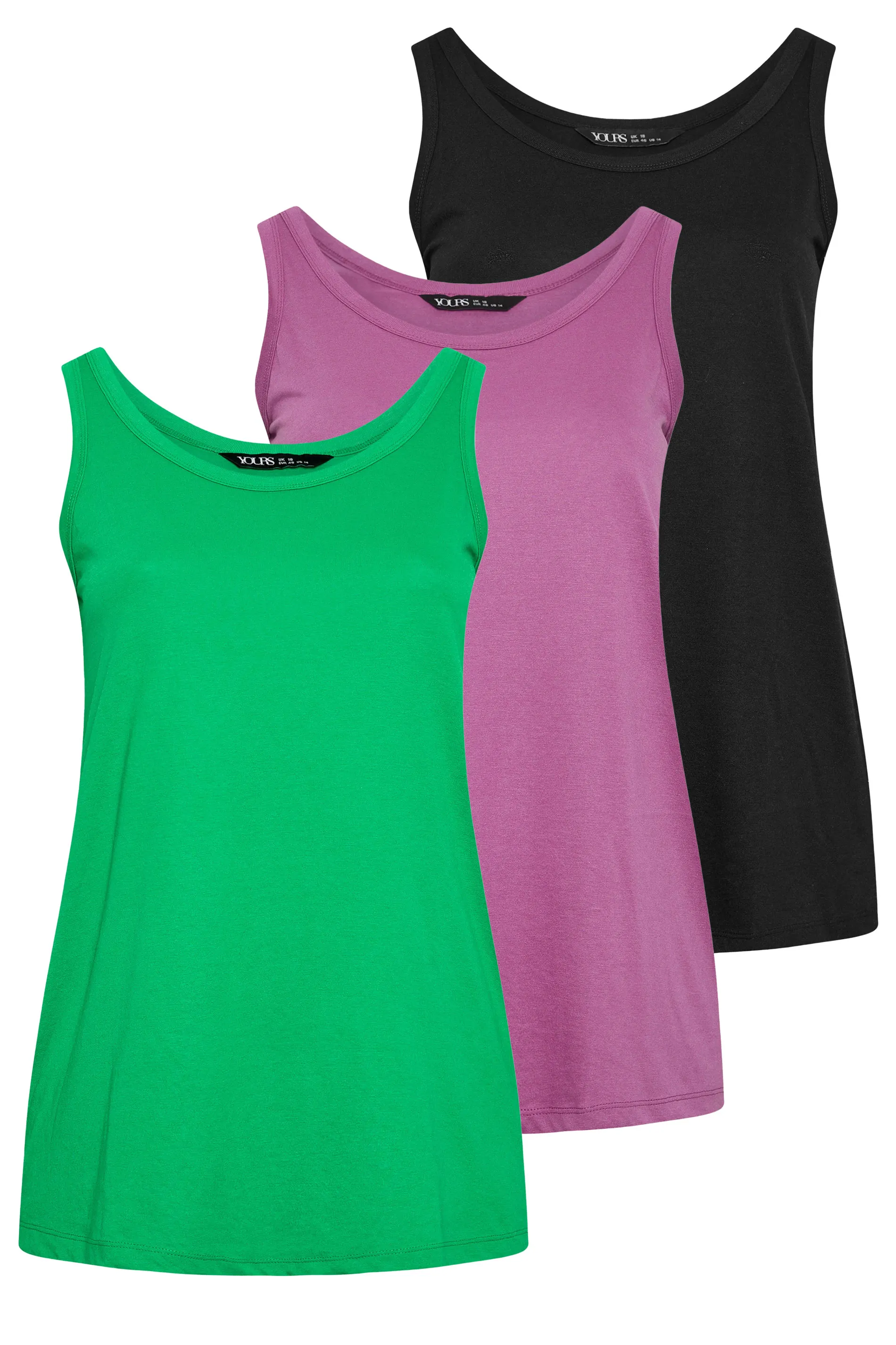 YOURS 3 PACK Curve Green & Purple Vest Tops