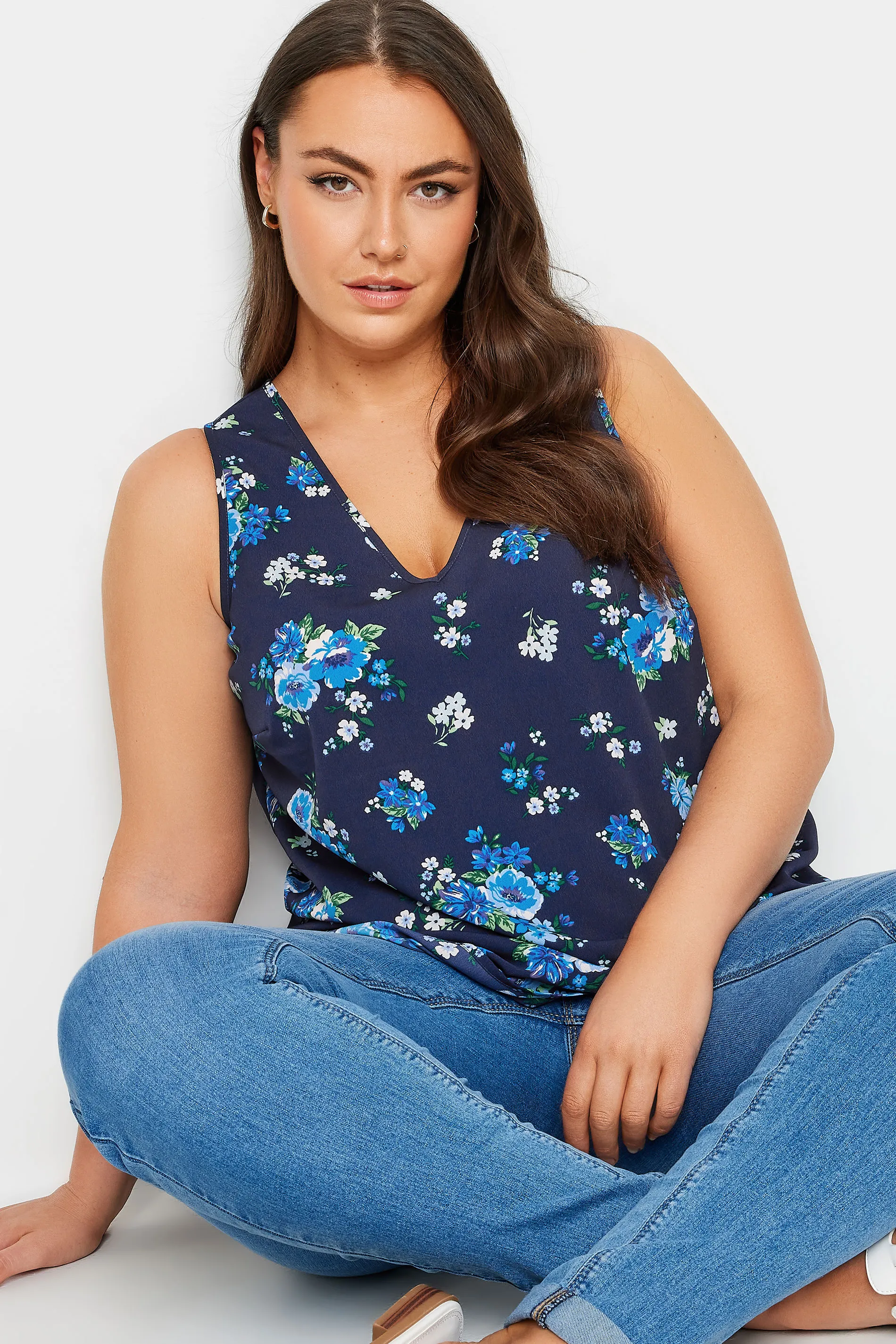 YOURS Curve Navy Blue Floral Print Vest Top