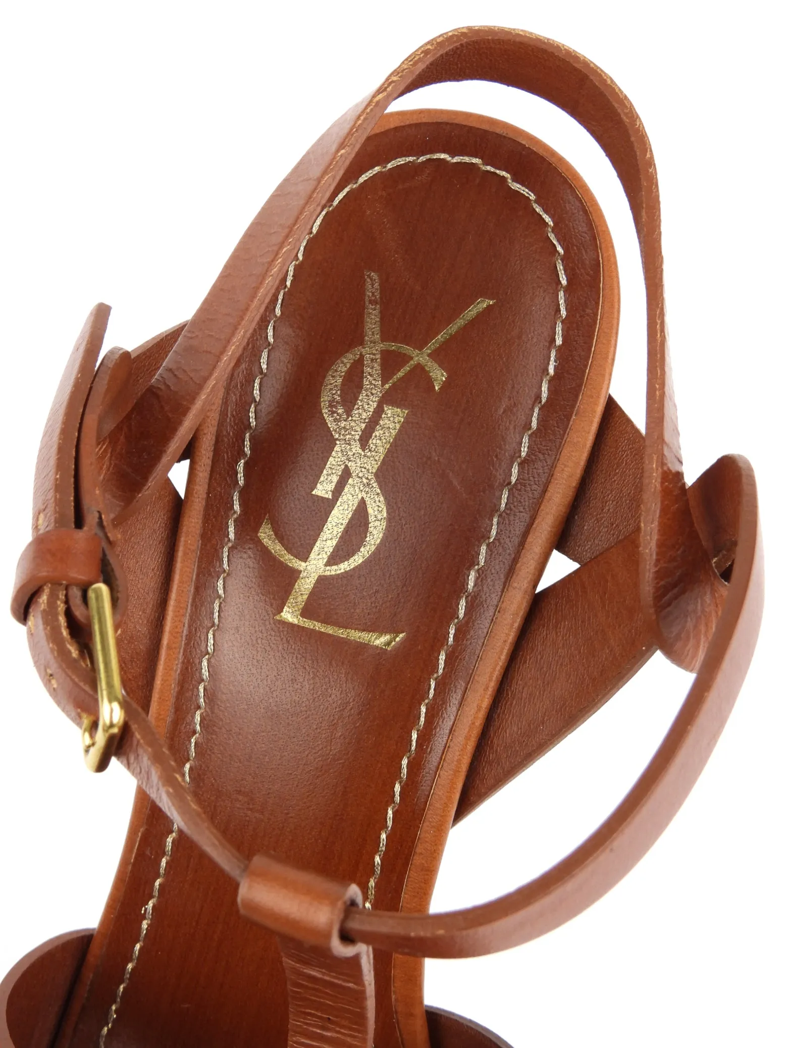 Yves Saint Laurent Brown Leather Platform T-Strap Tribute Sandals - 40 IT